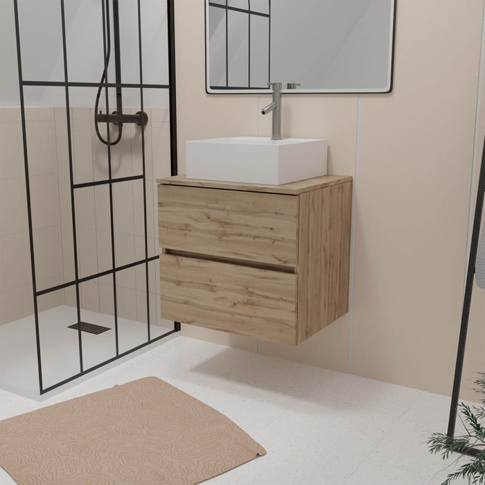 Meuble Salle de Bains 60cm 2 Tiroirs Chêne Naturel + Vasque Carrée 41x41x15cm en Céramique Blanche