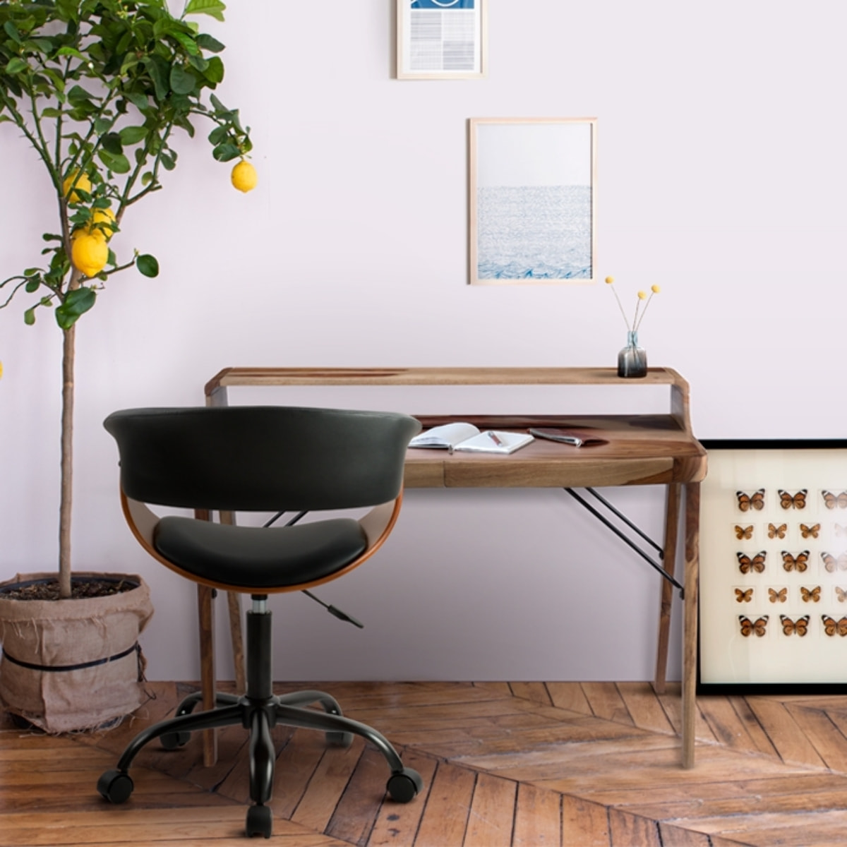 Chaise de bureau pivotante sur roulettes en bois et PU noir - Basile