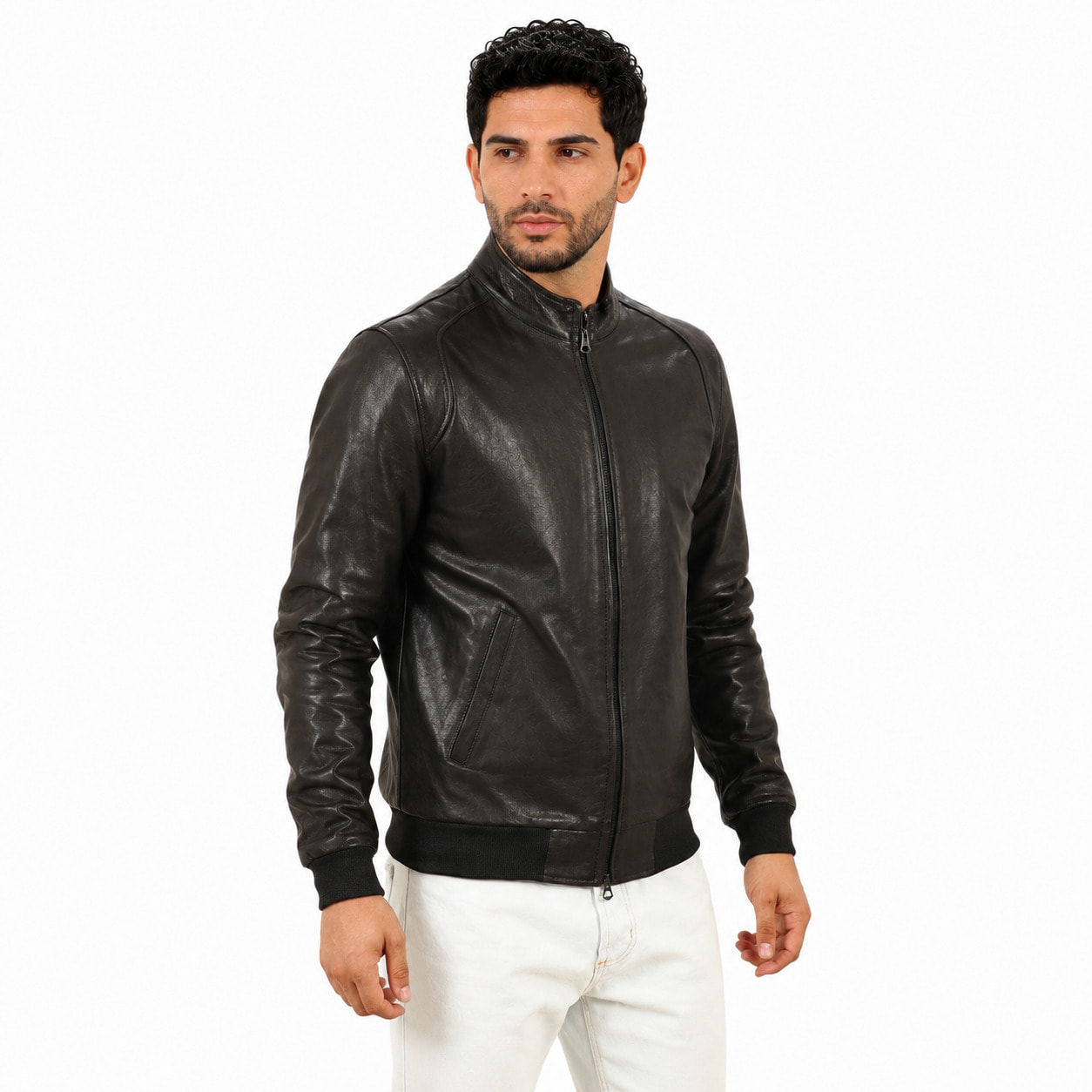 Giubbino in vera pelle di vitello Nero-Slim Fit