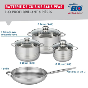 Ensemble de 1 Poêle de cuisson 32 cm et 3 faitouts 16, 20 et 24 cm Elo Profi Brillant