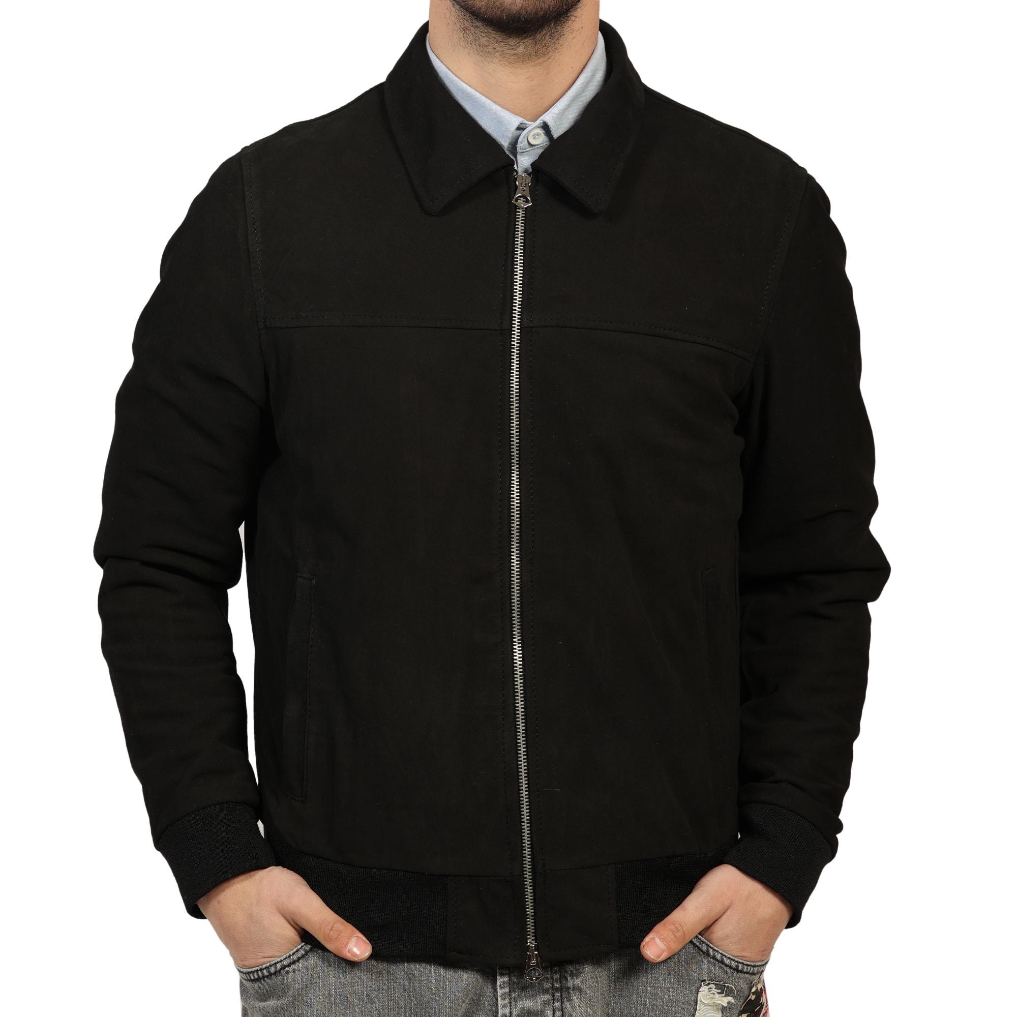 Giubbino in vera pelle di vitello scamosciata Nero-Slim Fit