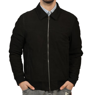 Giubbino in vera pelle di vitello scamosciata Nero-Slim Fit