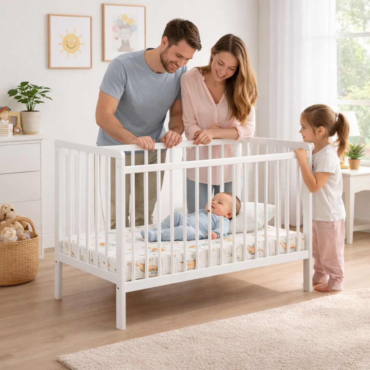 Culla Neonato Lettino Evolutivo Con Sponde E Materasso Incluso Altezza Regolabile Rete A Doghe Design Moderno 89 x 124 x 65 Cm Bianco Opaco