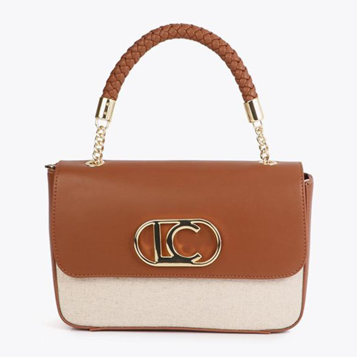 Borsa a tracolla con patta in similpelle bicolore