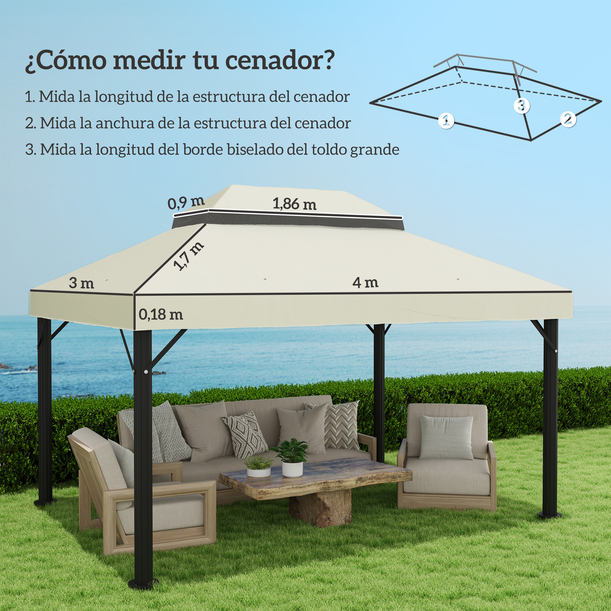 Techo de Repuesto para Cenador 4x3 m Cubierta de Repuesto con Techo Doble con Mosquitera Protección UV 30+ Toldo de Recambio para Pabellón Gazebo Crema