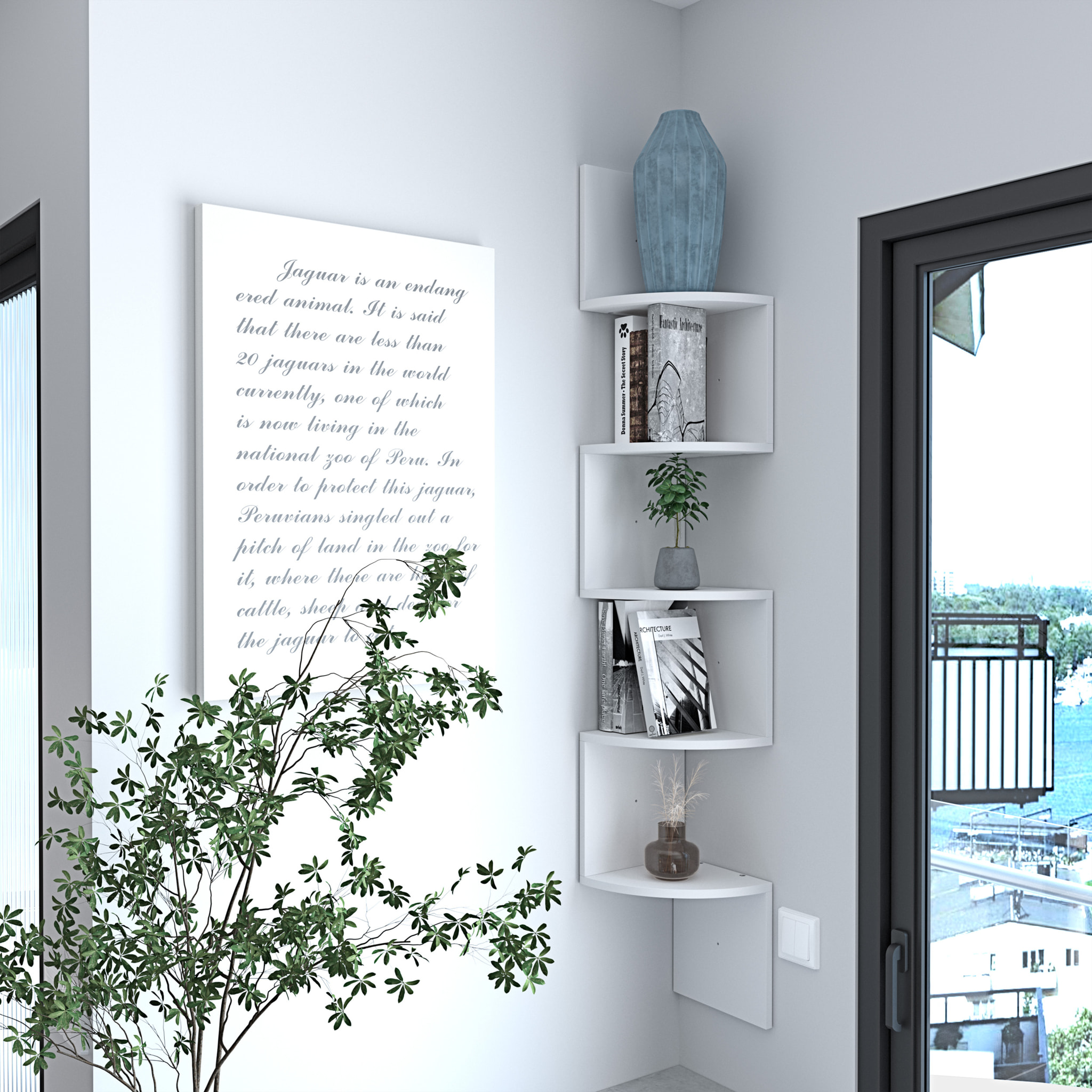 Libreria Angolare Scaffale 5 Ripiani Legno MDF Mensole Espositive da Parete Design Moderno Elegante Casa Soggiorno Salotto Studio 123x20x20 cm Bianco