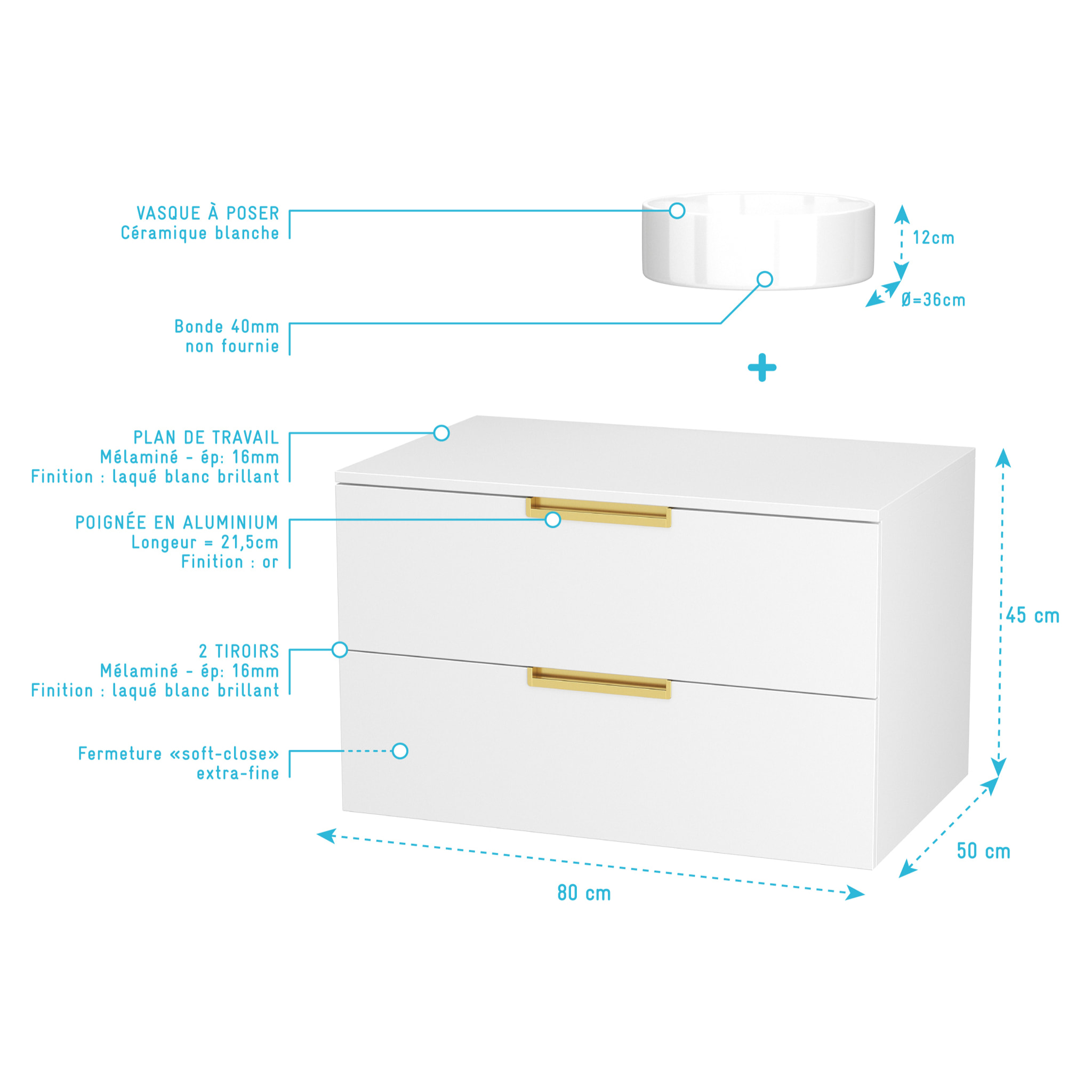 Meuble Salle de Bains 80 cm Laqué Blanc et Or Doré - 2 Tiroirs - Vasque Ronde à Poser Blanche