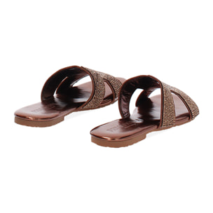 Sandaletto con tomaia laminata in strass color bronzo