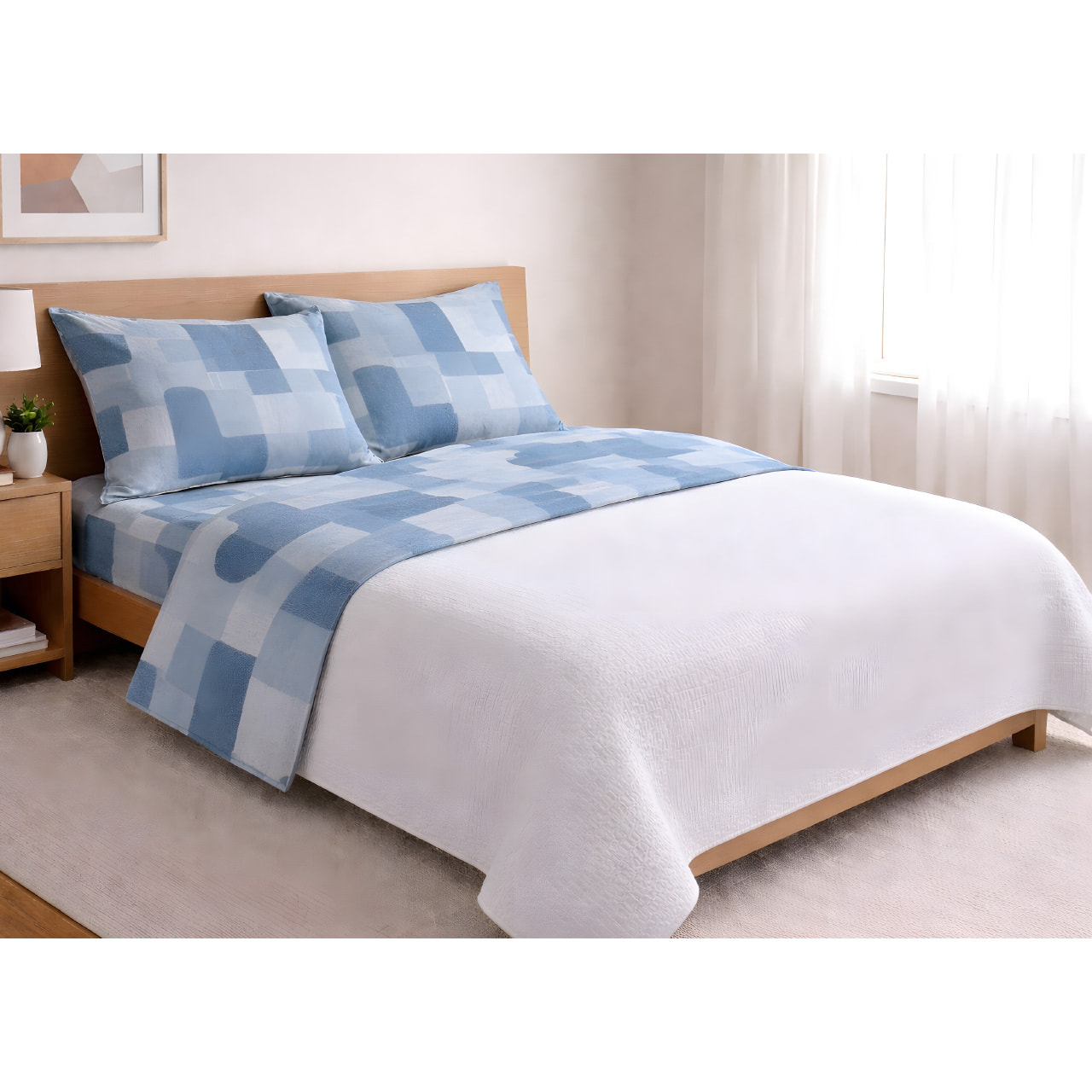 Completo Lenzuola 100% Cotone Made in Italy Fantasia Geometrica Disegno Brick Azzurro