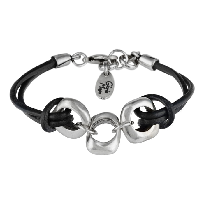 Pulsera Plata y cuero Dimas cuero negro y zamak