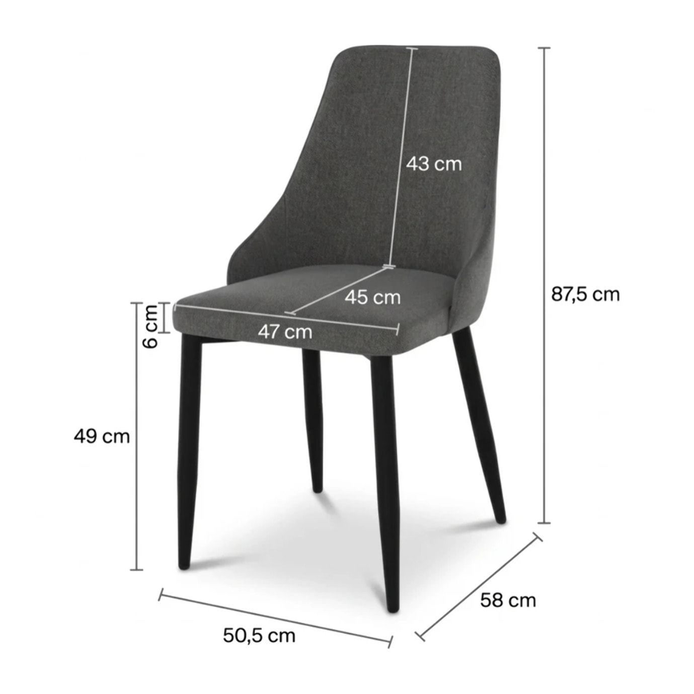 Lot de 2 chaises en tissu gris foncé et pieds en métal - Pipo