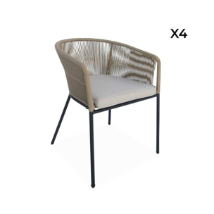 Lot de 4 fauteuils de jardin en corde beige et acier galvanisé. coussin beige