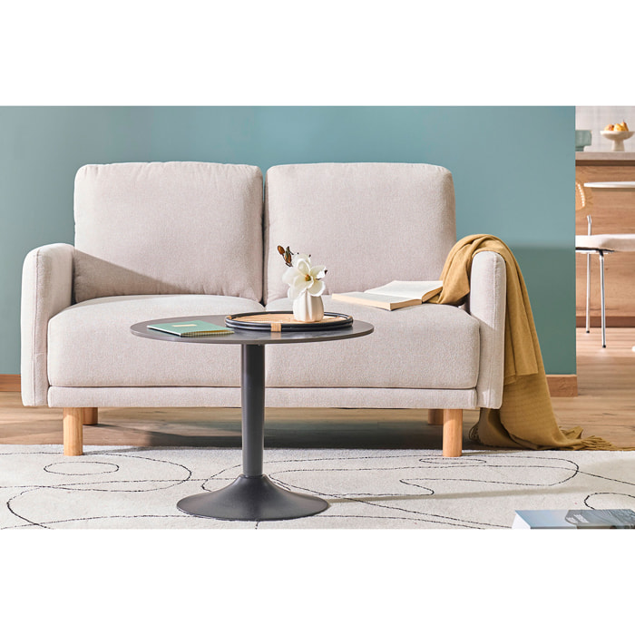 Canapé design 2 places en tissu effet velours texturé beige et bois clair BONO
