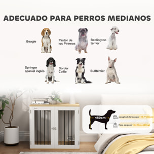 Jaula para Perros Medianos 2 en 1 Mesa Auxiliar con 2 Puertas con Pestillo Comedero Giratorio de 360° 2 Cuencos y Almohadillas Antideslizantes 80x55x71,5 cm Blanco