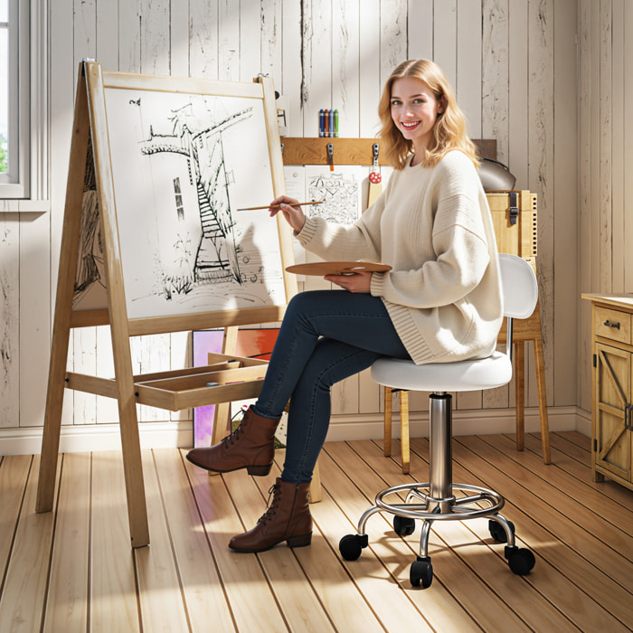 Taburete Giratorio Taburete con Ruedas y Respaldo Taburete de Trabajo con Altura Regulable 70-86 cm Asiento Tapizado de Cuero Sintético Blanco