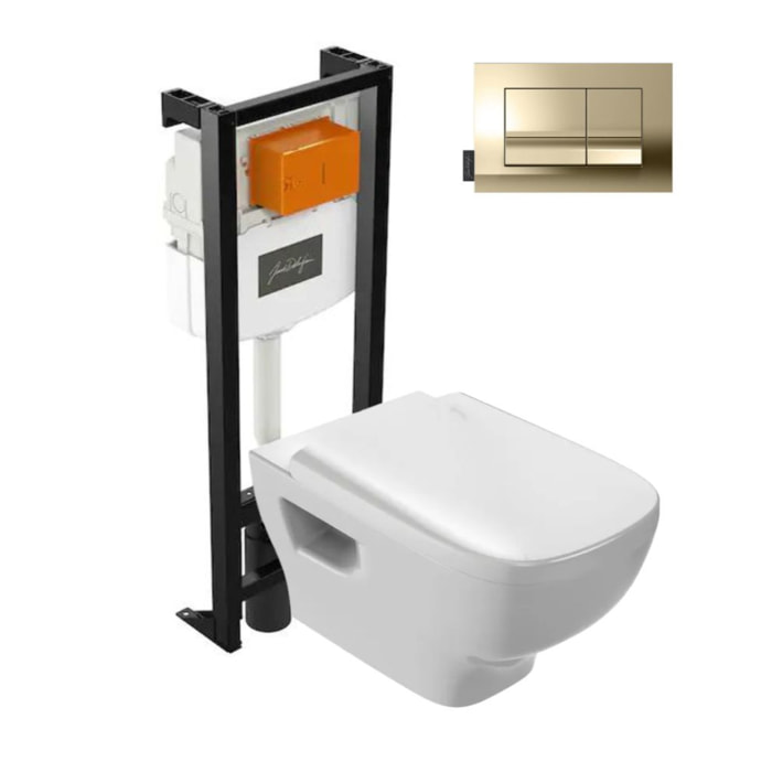 Pack WC suspendu sans bride Struktura+ bâti-support + plaque Or Beige