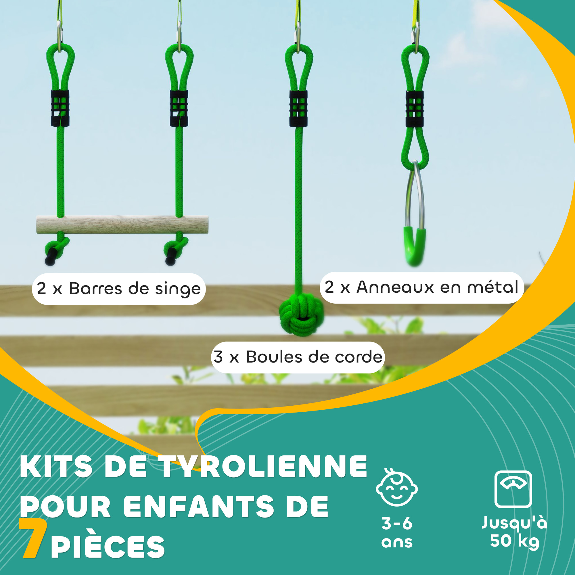 Tyrolienne enfant 10m max. 50Kg - kit complet - nombreux accessoires - vert