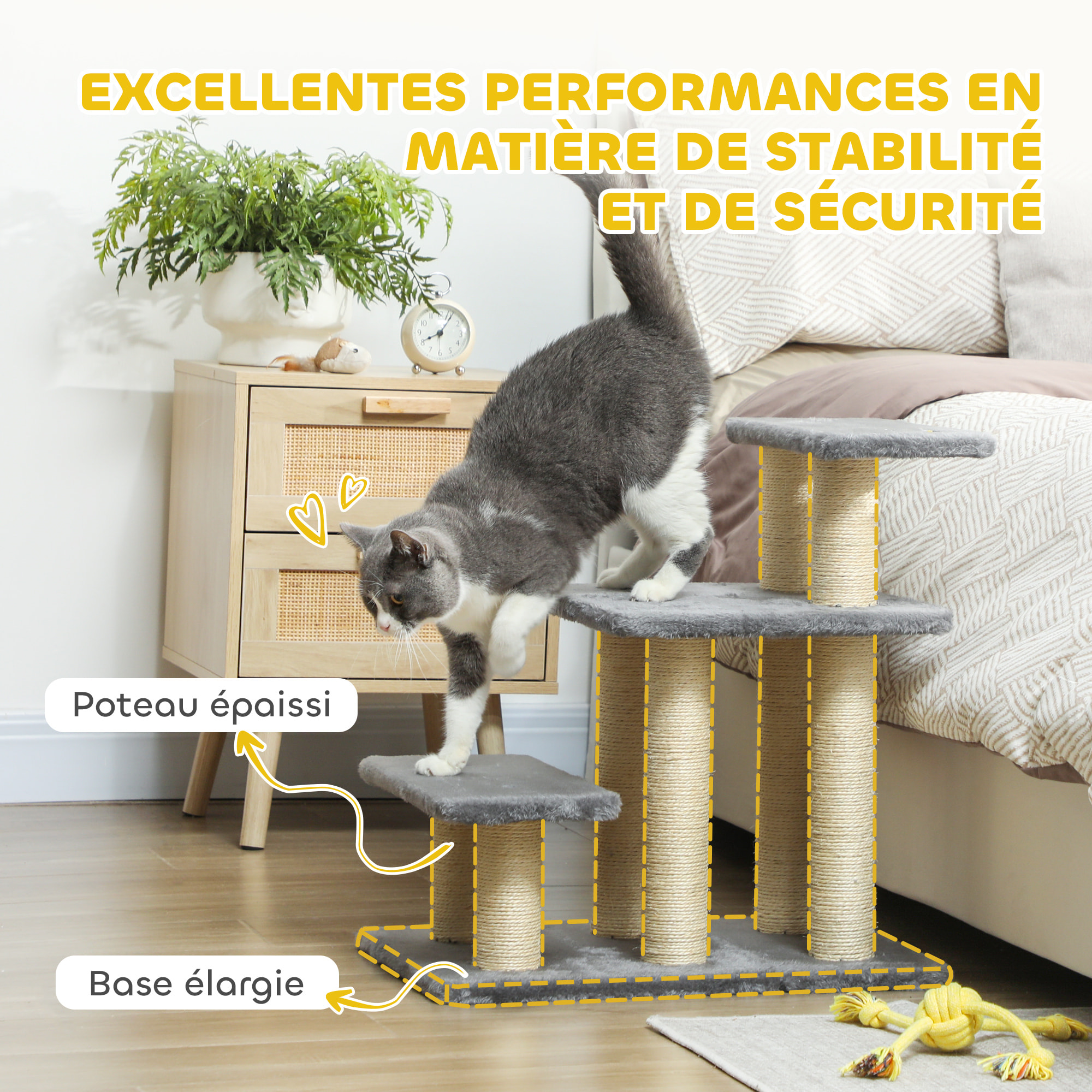 Escalier pour chat 3 marches - 6 poteaux griffoirs, jeu boule suspendue - sisal peluche gris