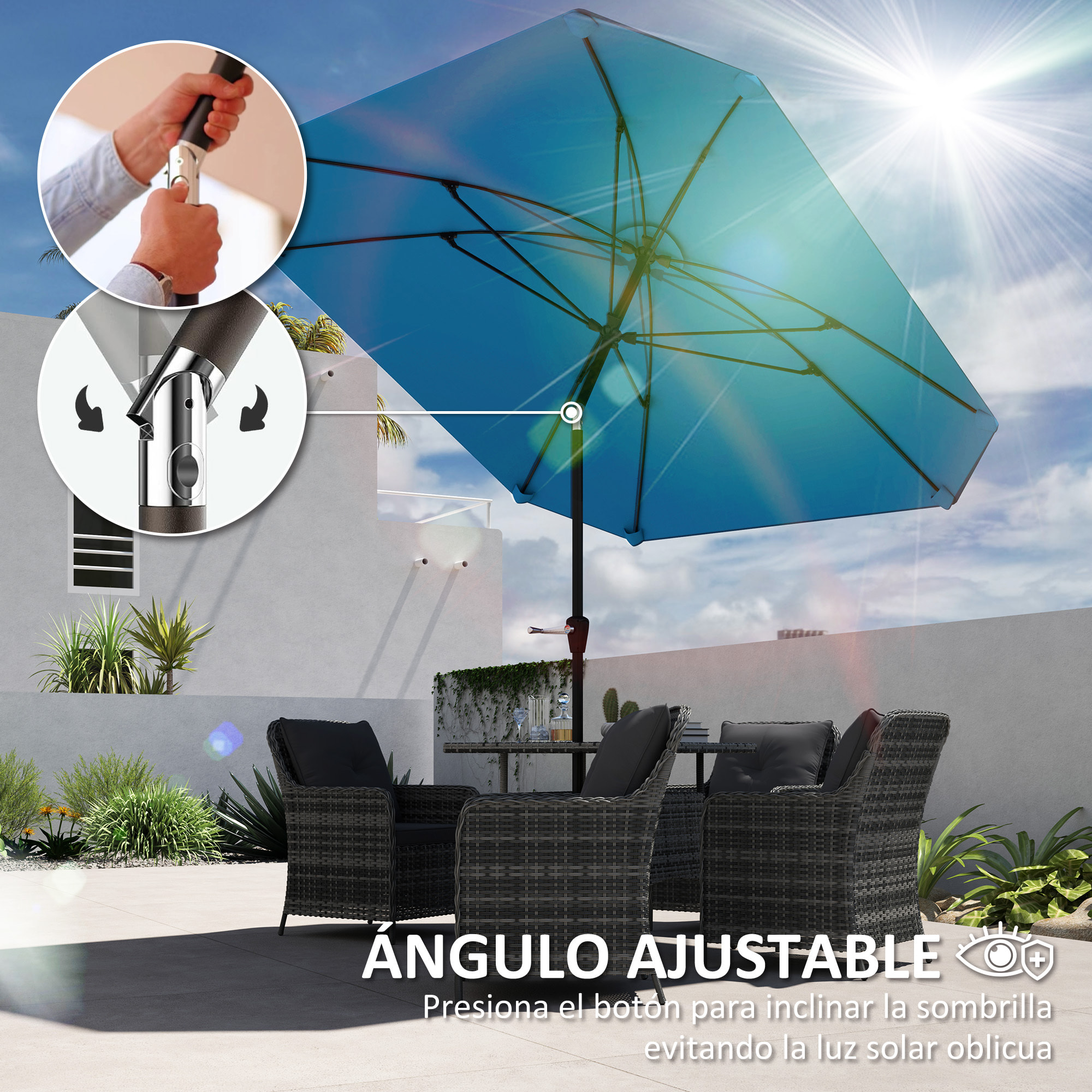 Sombrilla Terraza Exterior 233x233 cm Sombrilla de Jardín con Ángulo Ajustable Impermeable Poste de Aluminio Varillas de Fibra de Vidrio y Manivela Parasol para Patio Terraza Azul