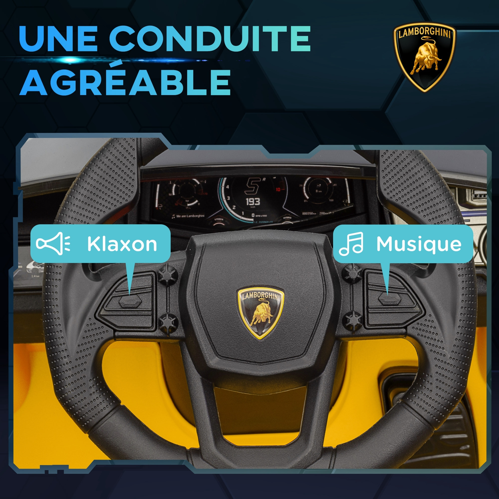 Voiture électrique enfant licence Lamborghini Revuelto télécommande effets sonores lumineux jaune