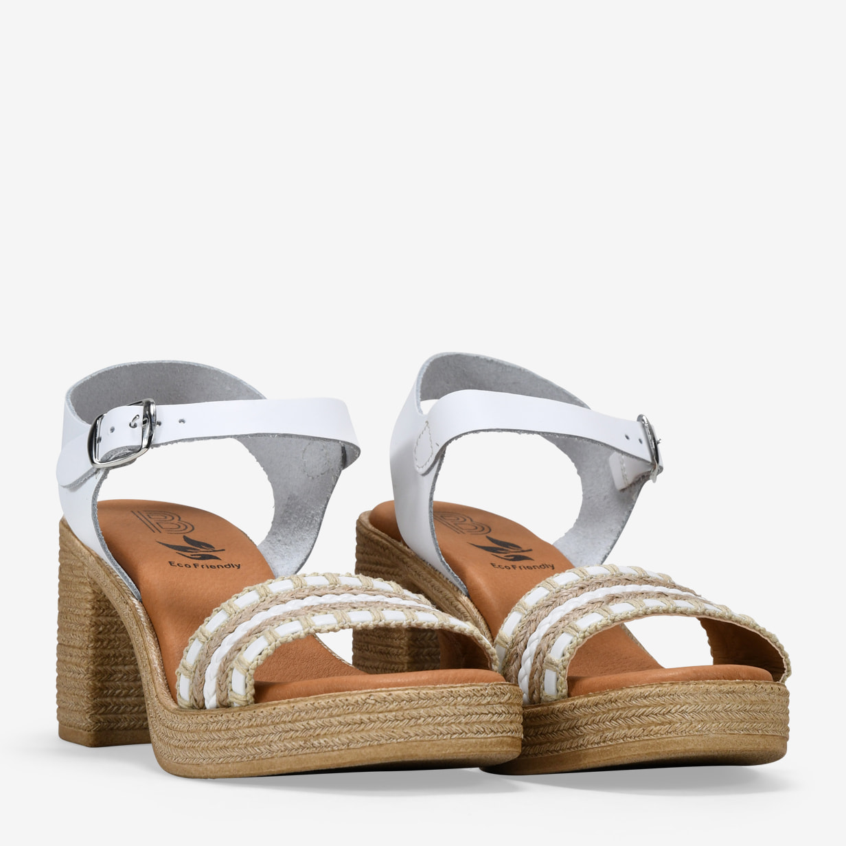 Sandalias de piel blancas con tacón efecto esparto