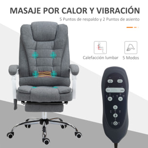 Silla de Masaje con 6 Puntos de Masaje Silla de Oficina Silla de Escritorio Reclinable con Altura Ajustable Función de Calentamiento Reposapiés y Control Remoto 65x70x111-119 cm Gris