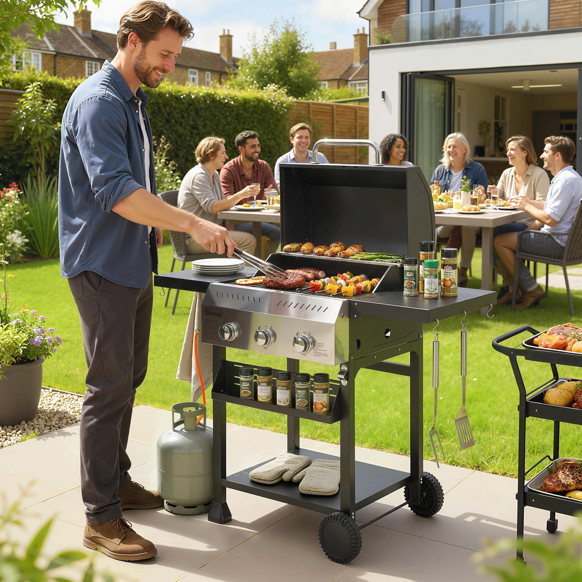 Barbacoa de Gas BBQ Gas con 3 Quemadores 9 kW Barbacoa Portátil con Termómetro Mesas Laterales Plegables Estante Rejilla Calentadora Especiero Parrilla Recogedor Grasa 2 Ruedas Ganchos Negro