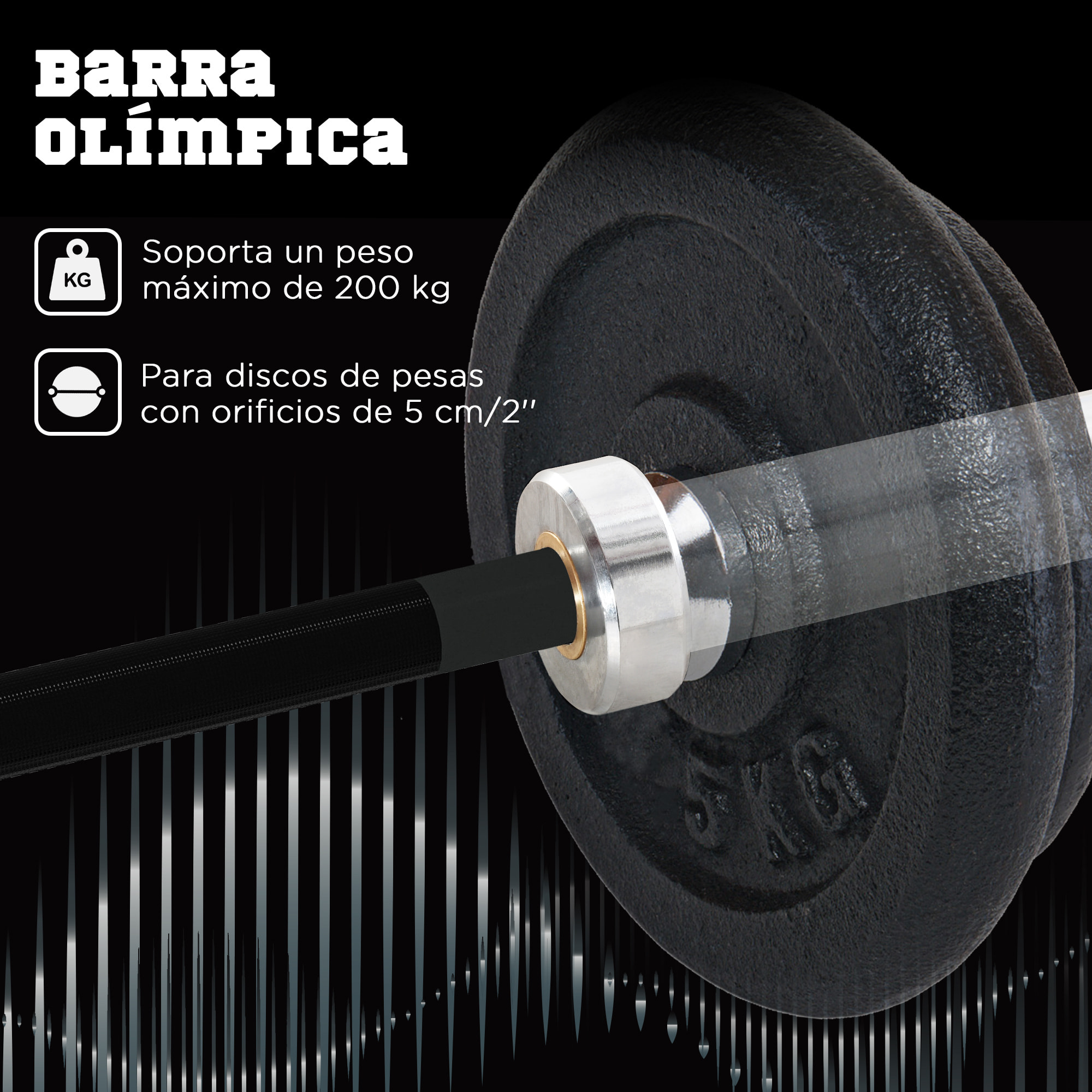 Barra de Pesas de Acero 180 cm Ø50 mm con 2 Presillas Carga 200 kg Barra Olímpica para los Discos de Ø5 cm Entrenamiento en Gimnasio Casa Negro