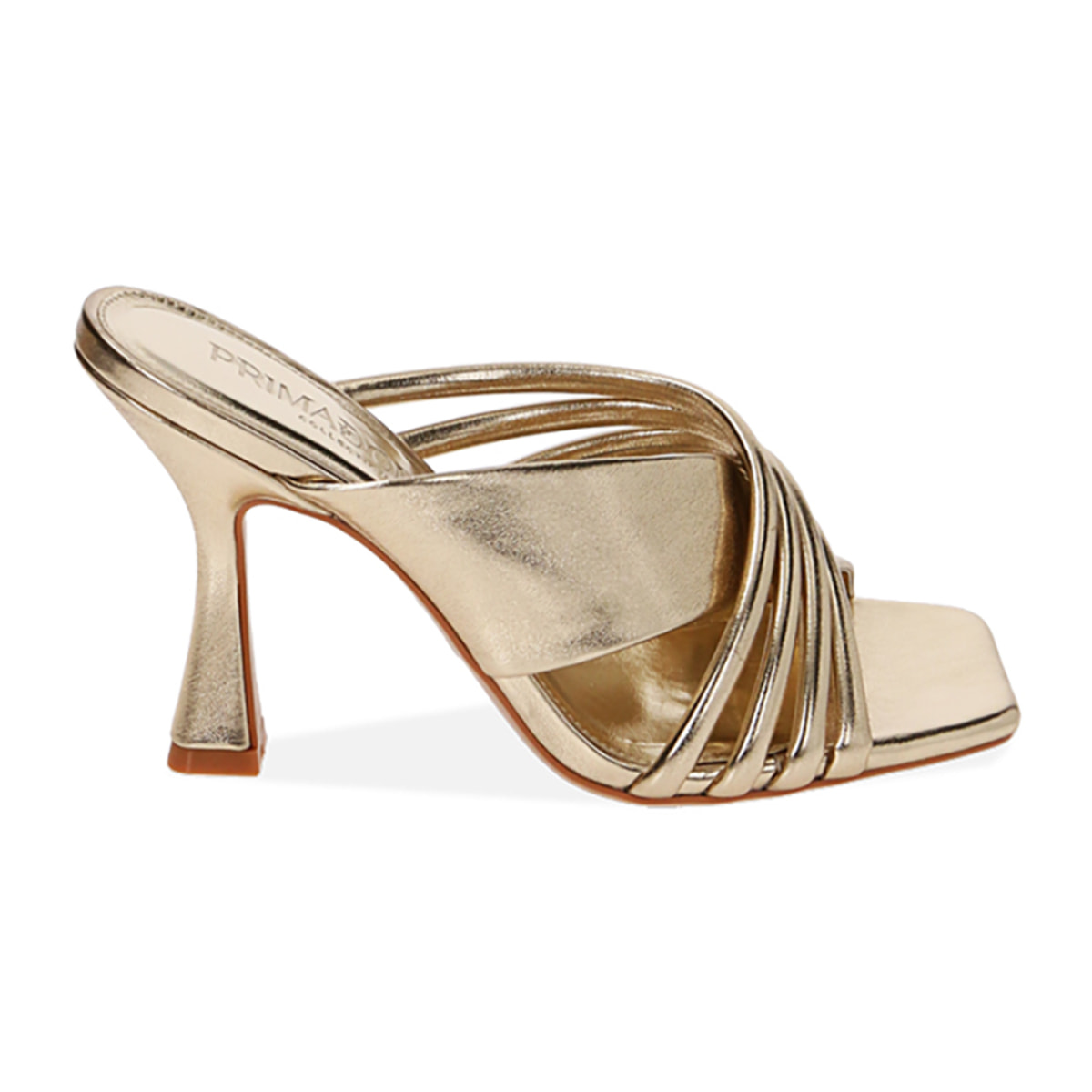 Mules laminados en oro, tacón de 9,5 cm