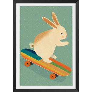 Affiche enfant lapin sur skateboard  Affiche + cadre en bois - Noir