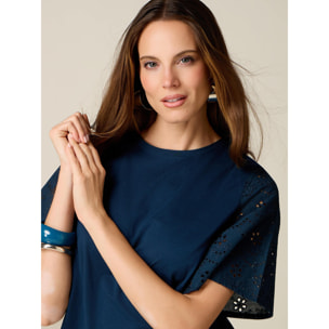 Oltre - T-shirt con maniche in sangallo - Blu