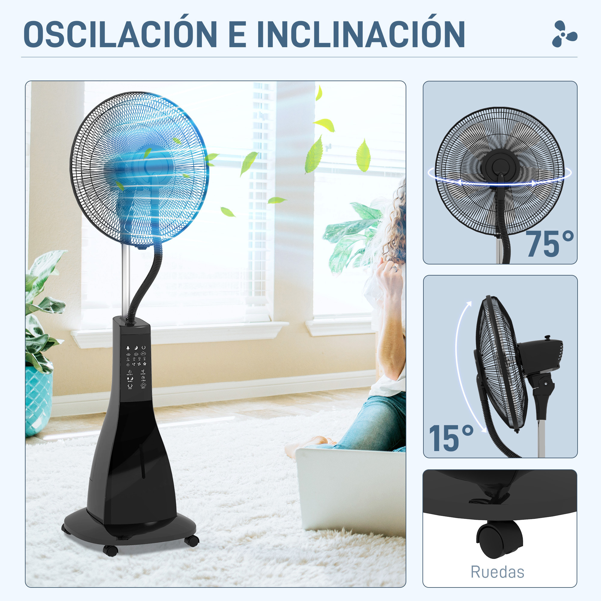 Ventilador Nebulizador Ventilador de Pie con Agua Oscilante 90 W Temporizador Tanque 3L Mando a Distancia 3 Velocidades 5 Aspas y Pantalla LED Ø44,5 cm Negro