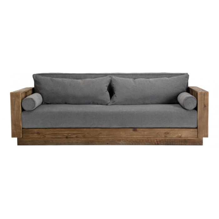 ANDRIAN - Canapé 3 places bois Pin recyclé marron tissu gris