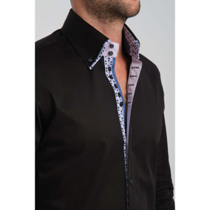 Camicia Uomo 2 Bottoni Button Down 7bottoni Doppio Coll Satin Unito Nero