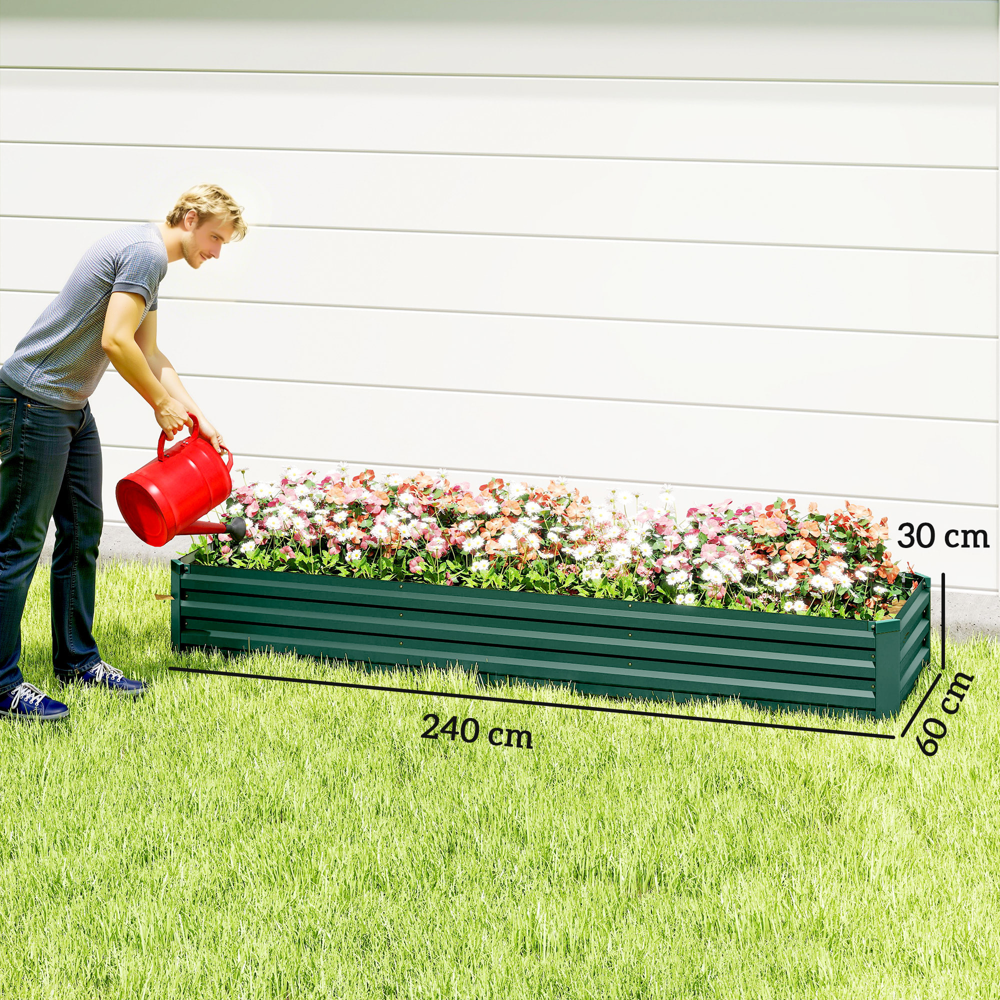 Jardinera Exterior Grande Rectangular de Acero Galvanizado, Huerto Urbano para Cultivar Plantas Hierba, Macetero Grande Exterior con Base Abierta Resistente a la Intemperie 240x60x30 cm Verde