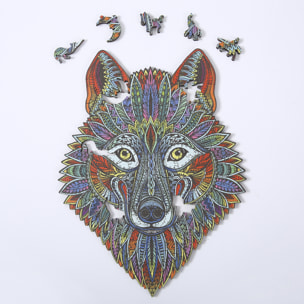 Puzzle 3D de madera DIY forma de silueta . Con piezas individuales con diferentes diseños. En madera policromada. Tamaño A3 .DISEÑO LOBO.