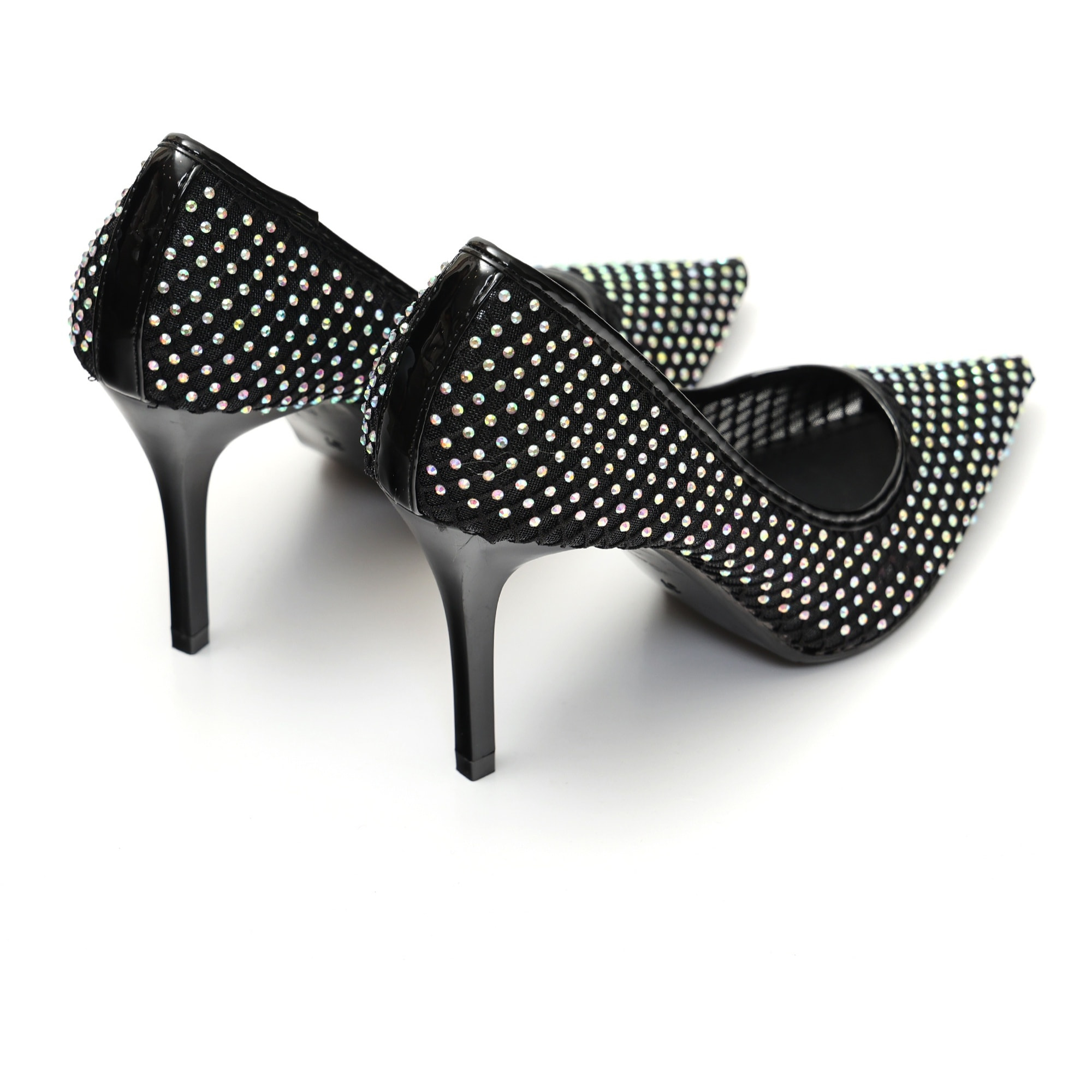 Dècolletè pumps in simil pelle con tomaia bucherellata ricoperta di strass