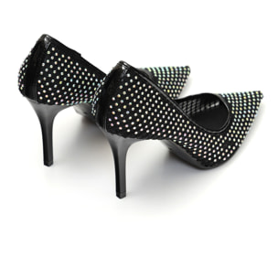 Dècolletè pumps in simil pelle con tomaia bucherellata ricoperta di strass