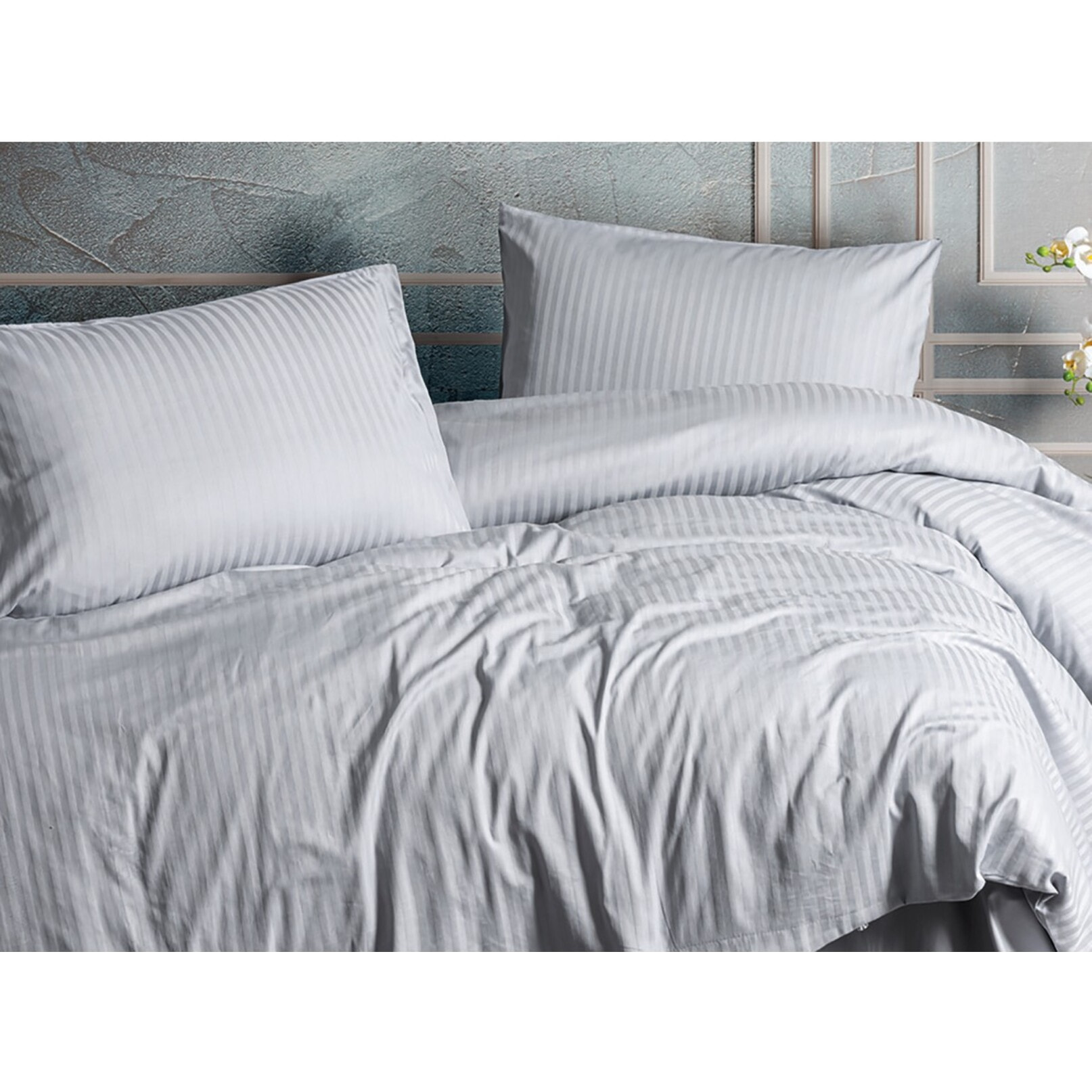 Parure housse de couette et taie(s) oreiller 100% Satin de Coton rayé