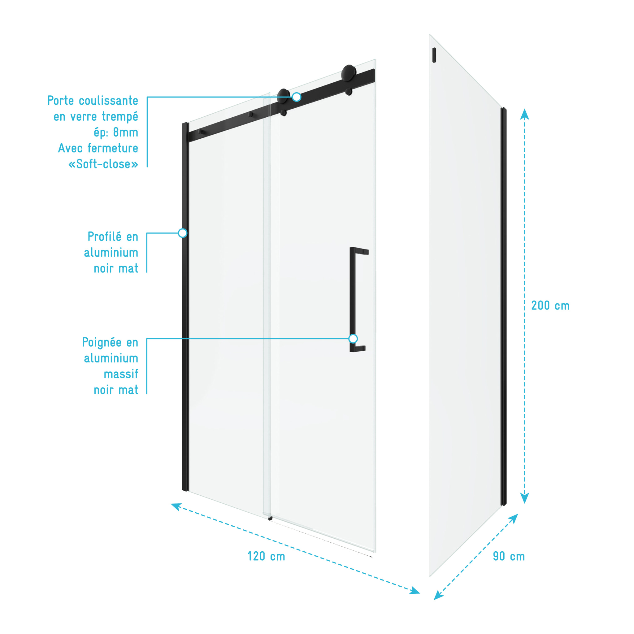 Porte de douche coulissante 120x200 cm noir mat - rail soft close + RETOUR 90 cm