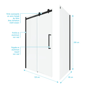 Porte de douche coulissante 120x200 cm noir mat - rail soft close + RETOUR 90 cm