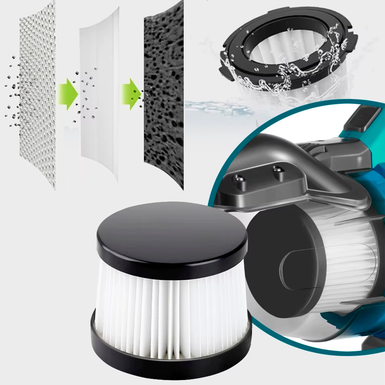 Aspirador de mano de 300W con depósito de 700ml. Incluye 4 cabezales y 2 baterías de 15000mAh.