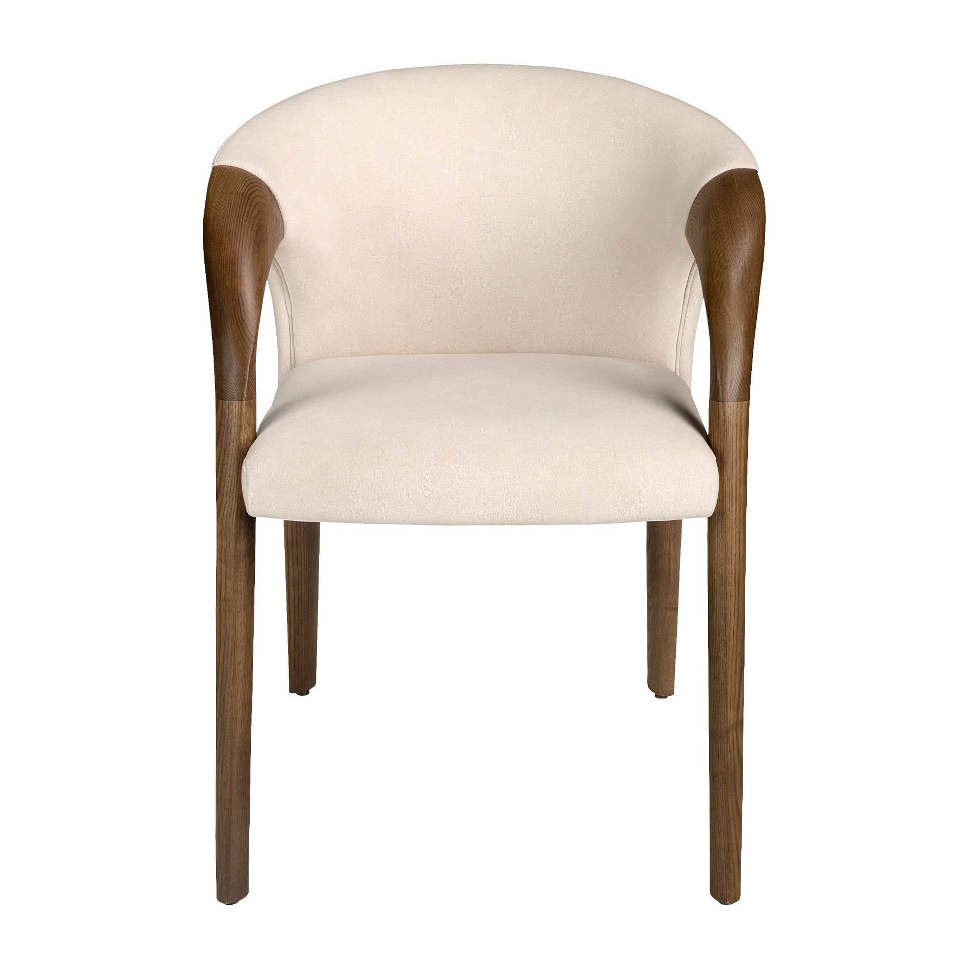 Silla con reposabrazos tapizado en tela aterciopelada en crema sus patas de madera en nogal 62x61x78cm