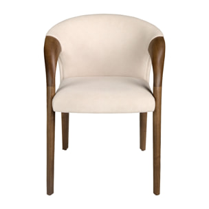 Silla con reposabrazos tapizado en tela aterciopelada en crema sus patas de madera en nogal 62x61x78cm