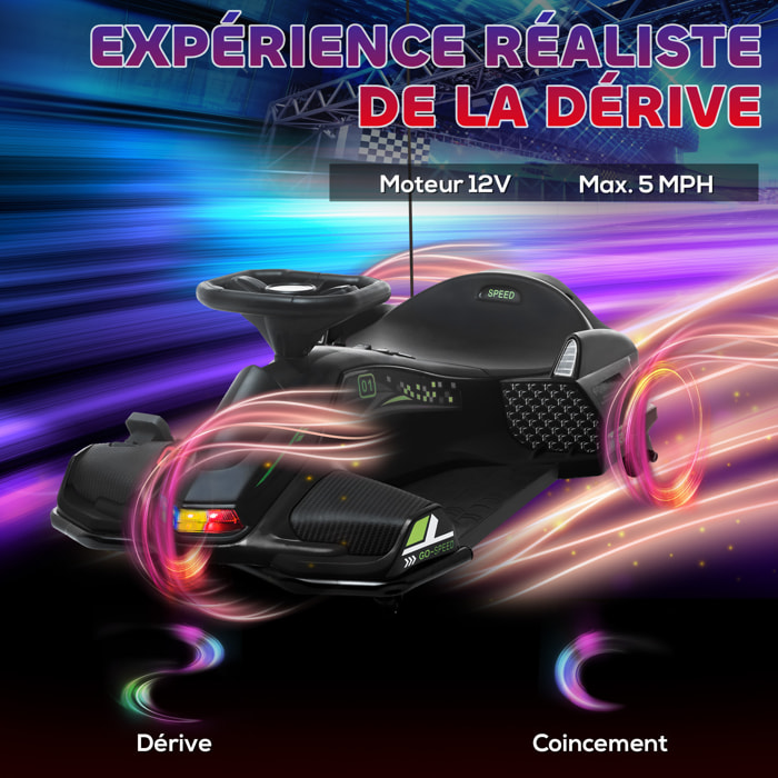 Crazy Cart enfant - Kart électrique enfant 12V 8Km/h max. - Kart Drifting - nombreux effets - noir