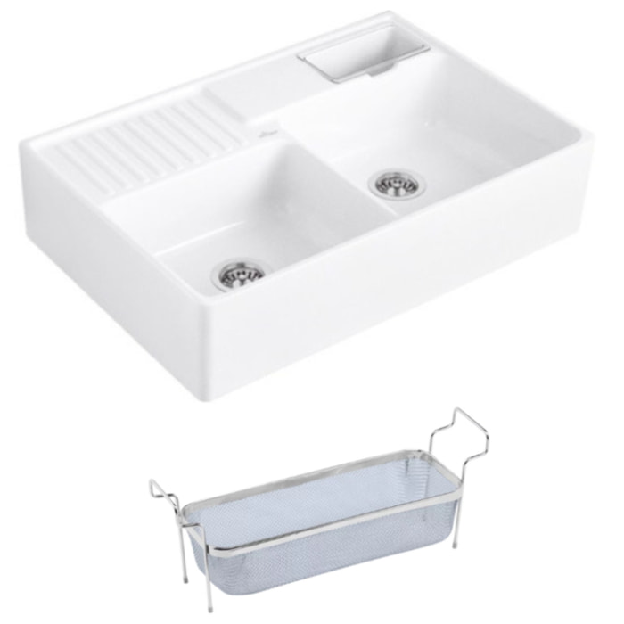 Evier timbre d'office Tradition 2 bacs 89,5 x 63 céramique vidage manuel blanc + Panier vaiselle