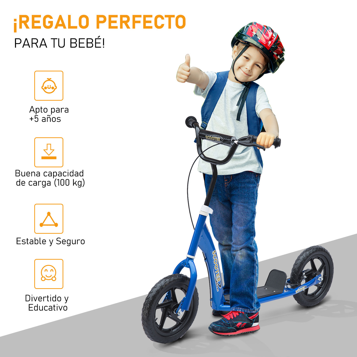 Patinete para Niños con Ruedas Grandes Freno Manillar Ajustable en Altura Azul