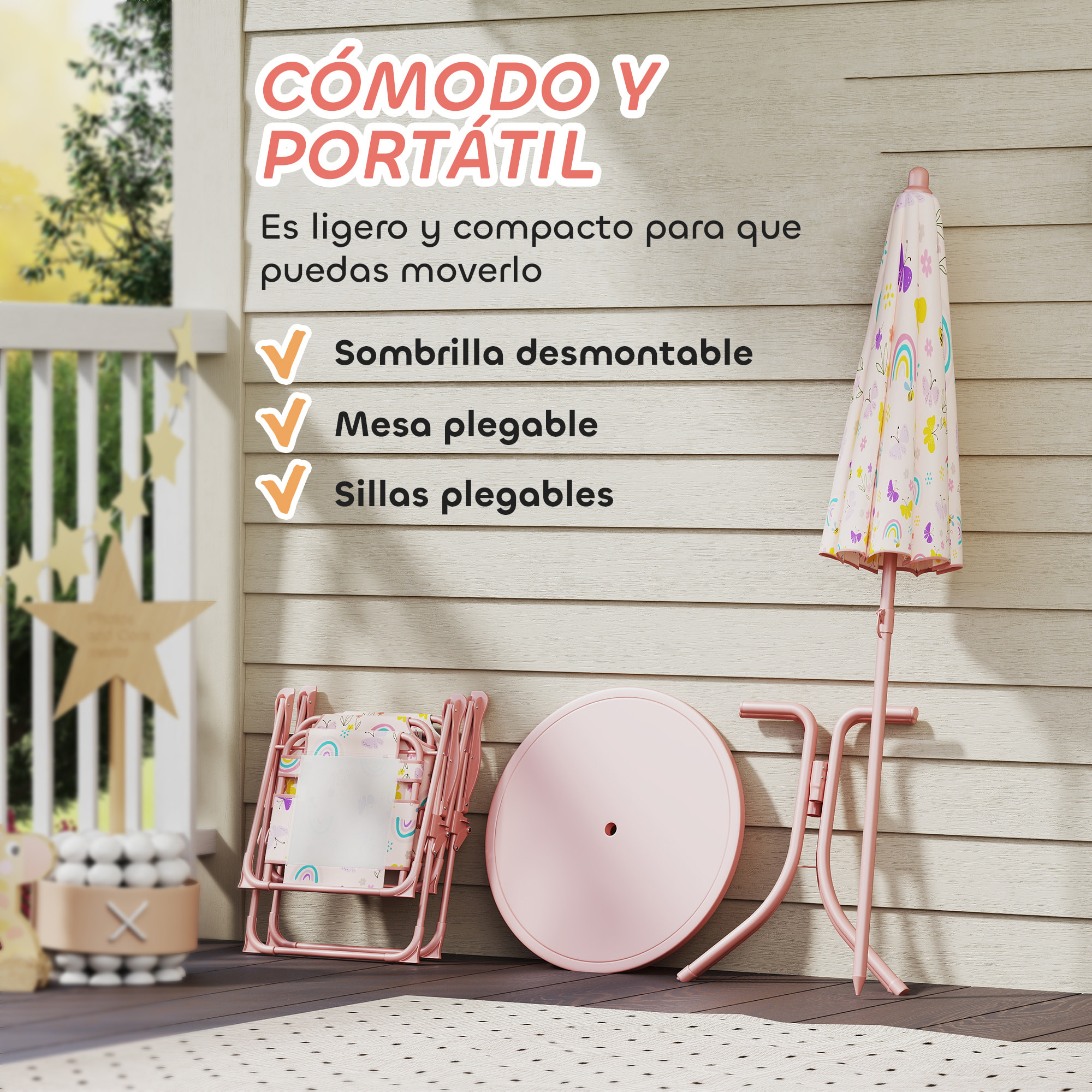 Conjunto de Mesa y Sillas Infantil de Jardín de 4 Piezas Mesa Infantil con Sillas Plegables Sombrilla Ajustable Diseño de Arcoíris para Patio Pícnic Rosa