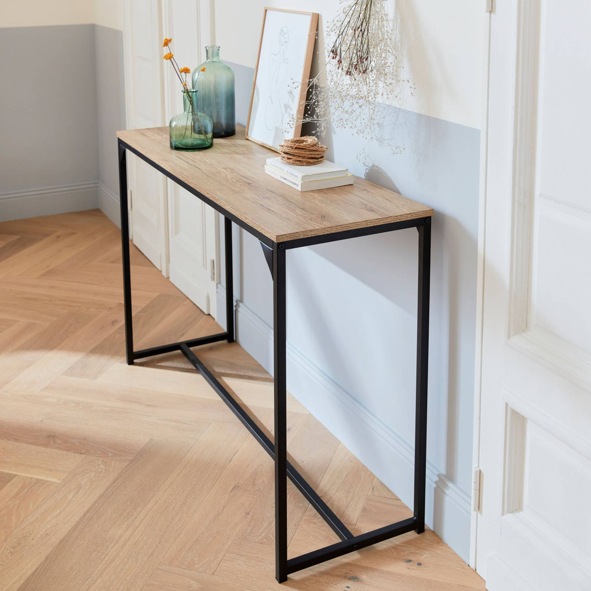Console en métal noir et décor bois. 120x39x79cm - Loft -  table d'appoint avec 1 barre de renfort