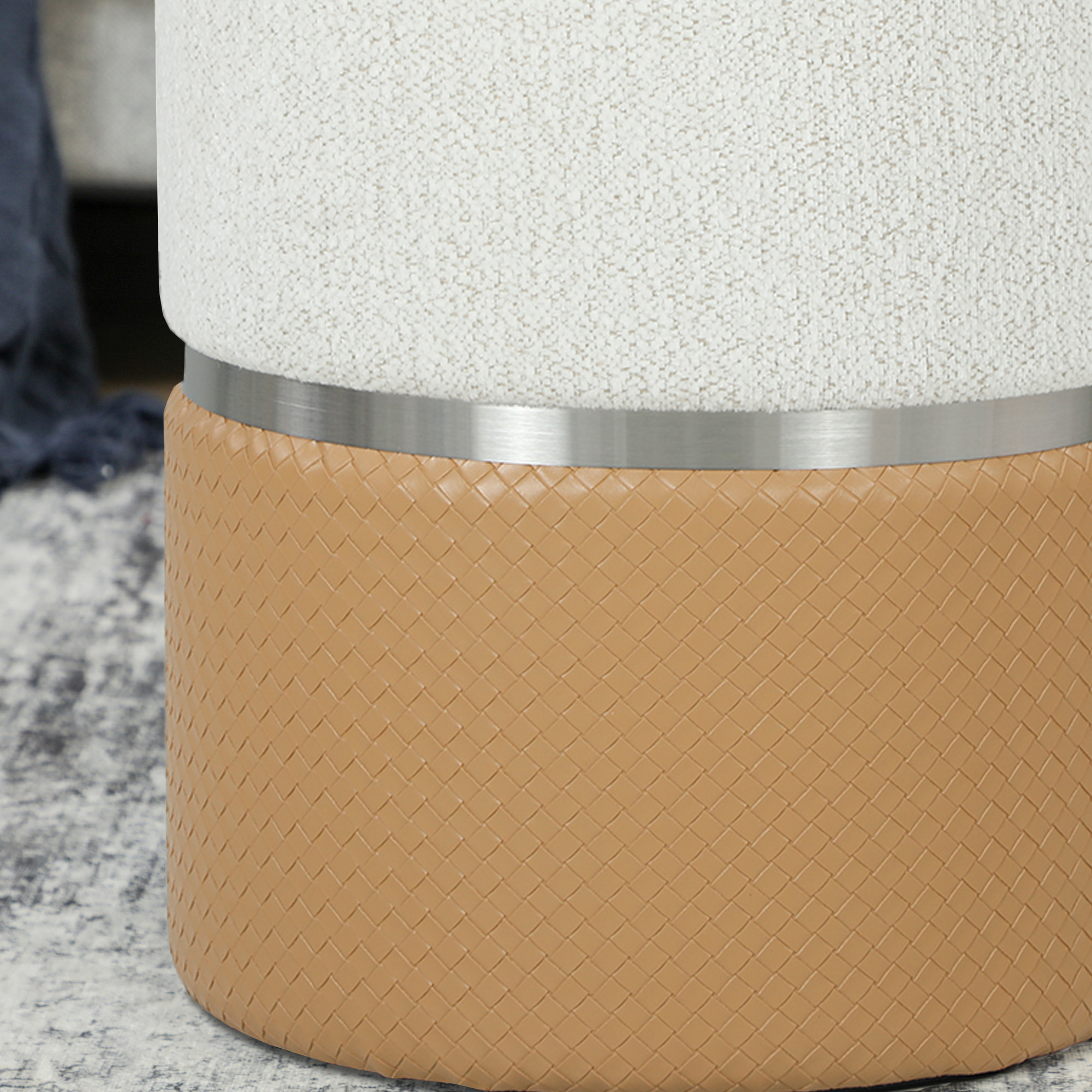 Juego de 2 Puff Almacenaje, Baúles de Almacenaje Redondos, Tapizados en Chenilla y PU, Asiento Acolchado, para Pasillo, Dormitorio, Salón, Marrón y Crema